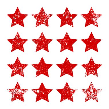 Kırık ve lekeli kırmızı klasik yıldızlar. Eski el yazısıyla çizilmiş, siyah basit bir şekil. Retro tasarım elementi sıkıntılı efekt, grunge doku. Vektör illüstrasyonu.