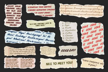 El yazısıyla yırtılmış kağıt şeritler. Yırtık kenarlı gerçekçi kağıt kırıntıları. Defter parçaları, kitap ya da eski gazete sayfaları. Son moda kolaj elementleri. Vektör illüstrasyonu.