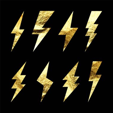 Altın yıldırım simgeleri koleksiyonu. Altın folyo dokusu. Flaş sembolü, yıldırım. Basit yıldırım çarpması işareti. Vektör illüstrasyonu.