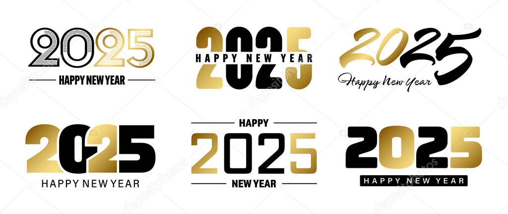 Set of 2025 Happy New Year greeting text designs. Christmas banner, poster, festive greeting card or seasonal promotion template. Collection of 2025 numbers with greetings. Vector illustration.