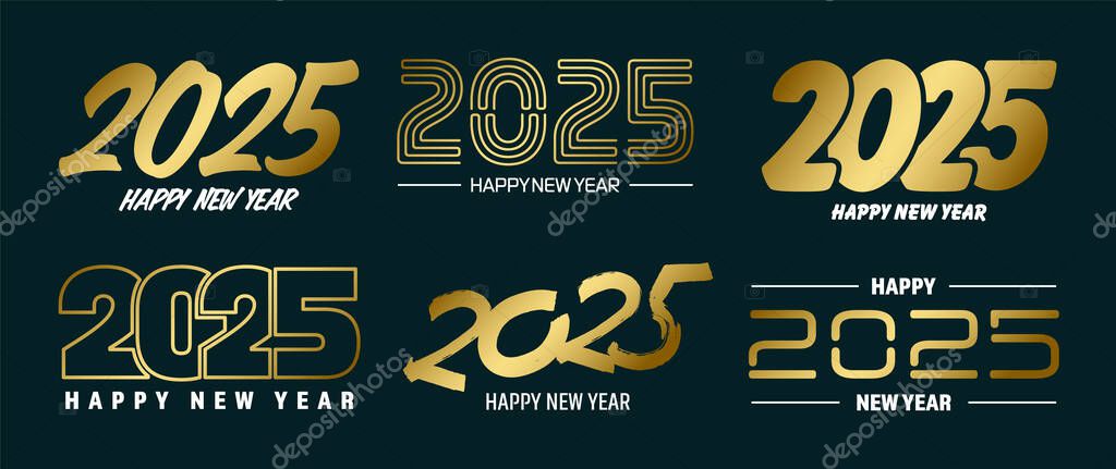 Set of 2025 Happy New Year greeting text designs. Christmas banner, poster, festive greeting card or seasonal promotion template. Collection of 2025 numbers with greetings. Vector illustration.