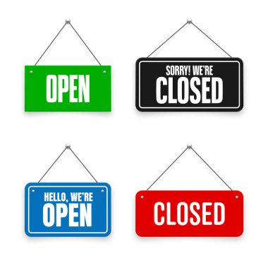 Gerçekçi açık ya da kapalı tabelalar. Kafe, restoran, bar ya da perakende mağazası için klasik kapı tabelası. Duyuru pankartı, iş ya da hizmet için bilgi tabelası. Vektör illüstrasyonu.
