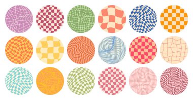 Dama desenli, yuvarlak renkli döşemeli. Klasik dalgalı eğimli arka plan, bozulma etkisi. Garip geometrik satranç tahtası dokusu, 90 'ların tarzında retro arka plan, y2k. Vektör illüstrasyonu.