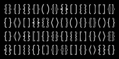 Metin parantezi koleksiyonu, siyah alıntı kutusu. Kıvırcık, kare ve köşe parantezleri. Klasik basım sembolü, kaligrafik alıntı çerçevesi. Karalama, harf elemanı. Vektör illüstrasyonu.