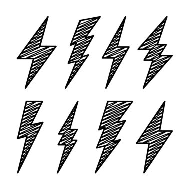Yıldırım civata simgeleri koleksiyonu. El çizimi flaş sembolü, yıldırım. Basit yıldırım çarpması işareti. Vektör illüstrasyonu.