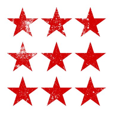 Kırık ve lekeli kırmızı klasik yıldızlar. Eski el yazısıyla çizilmiş, siyah basit bir şekil. Retro tasarım elementi sıkıntılı efekt, grunge doku. Vektör illüstrasyonu.