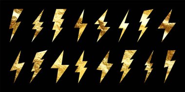 Altın yıldırım simgeleri koleksiyonu. Altın folyo dokusu. Flaş sembolü, yıldırım. Basit yıldırım çarpması işareti. Vektör illüstrasyonu.