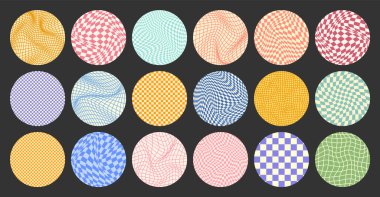 Dama desenli, yuvarlak renkli döşemeli. Klasik dalgalı eğimli arka plan, bozulma etkisi. Garip geometrik satranç tahtası dokusu, 90 'ların tarzında retro arka plan, y2k. Vektör illüstrasyonu.