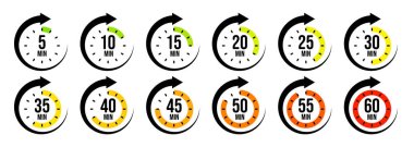 İşaret oklu kronometre simgeleri. Renkli kronometre, çevirmeli zaman sayacı. Geri sayım zamanı, saatler ve dakikalar. Son teslim tarihi, spor ölçümü. Yemek pişirme zamanı etiketi, çıkartma. Vektör illüstrasyonu.