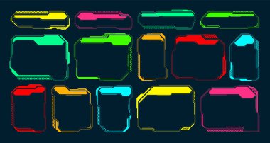 Fütürist HUD veya UI elementleri. Bilim kurgu kullanıcı arayüzü mesaj kutuları, çağrılar. Renkli uyarı mesajı çerçevesi, bilgi kutuları şablonu. Modern oyun arayüzü düzeni, dijital stil. Vektör illüstrasyonu.