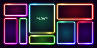 Renkli parlak neon pankartlar, aydınlatılmış kare çerçeveler. Parlak bir sınır, ışık efekti. Mor antika retro ışıklar, gece aydınlatması. Modern fütürist UI tasarım elementleri. Vektör illüstrasyonu.