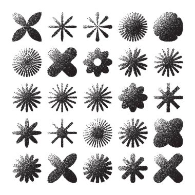 Acımasız geometrik şekiller, noktalı nesneler. Noktalama modern sembolleri belirler. Basit ilkel formlar. Retro tasarım, modern minimalist tarz, y2k. Nokta gölgeleme, çizim. Vektör illüstrasyonu.