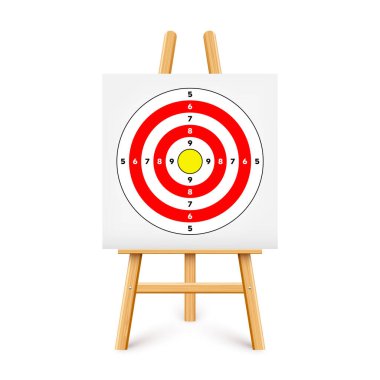 Ahşap sehpada atış poligonu. Kağıt hedef, bölümler, işaretler ve numaralar. Okçuluk, silah atışı ve eğitim, spor müsabakası, avcılık. Tam isabet ve nişan al. Vektör illüstrasyonu.