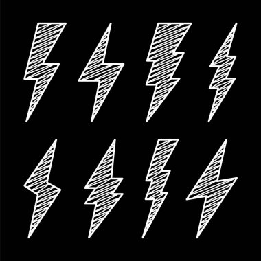 Yıldırım civata simgeleri koleksiyonu. El çizimi flaş sembolü, yıldırım. Basit yıldırım çarpması işareti. Vektör illüstrasyonu.