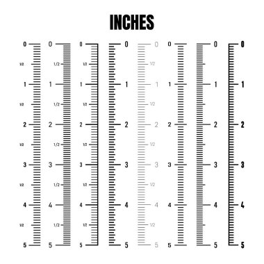 Boyunu ve boyunu ölçmek için dikey inç ölçeği. Bölünmüş farklı ölçeklerde. Cetvel, mezura işaretleri, boyut göstergeleri. Vektör illüstrasyonu.