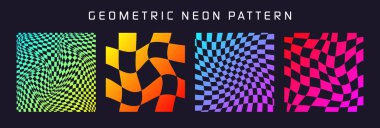 Dama desenli, rengarenk desenli döşemeli. Klasik dalgalı eğimli arka plan, bozulma etkisi. Garip geometrik satranç tahtası dokusu, 90 'ların tarzında retro arka plan, y2k. Vektör illüstrasyonu.