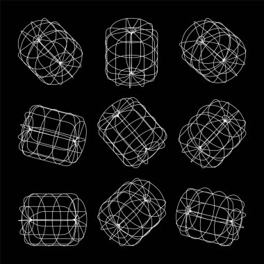 Kablo çerçeveli şekiller. Perspektif ağı, 3 boyutlu ızgara. Düşük polimetrik elementler. Retro gelecek tasarım elementleri, y2k, buhar dalgası ve sentetik dalga tarzı. Vektör illüstrasyonu.