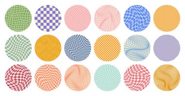 Dama desenli, yuvarlak renkli döşemeli. Klasik dalgalı eğimli arka plan, bozulma etkisi. Garip geometrik satranç tahtası dokusu, 90 'ların tarzında retro arka plan, y2k. Vektör illüstrasyonu.