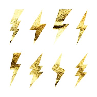 Altın yıldırım simgeleri koleksiyonu. Altın folyo dokusu. Flaş sembolü, yıldırım. Basit yıldırım çarpması işareti. Vektör illüstrasyonu.