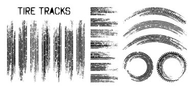 Grunge lastik izleri, tekerlek fren izleri. Kamyon, araba ya da motosiklet lastiği siluetleri. Araba yarışı, motor sporu, hız yarışı tasarım unsuru. Vektör illüstrasyonu.