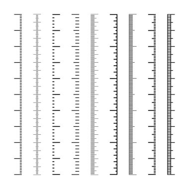 Dikey ölçekler ve bölünmeler. Uzunluğu, yüksekliği santimetre, milimetre ya da inç olarak ölçmek için gerçekçi ölçek. Cetvel, mezura işaretleri, boyut göstergeleri. Vektör illüstrasyonu.