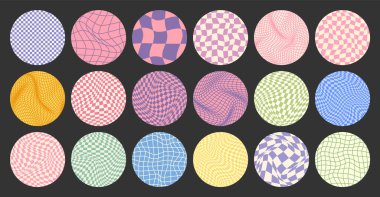 Dama desenli, yuvarlak renkli döşemeli. Klasik dalgalı eğimli arka plan, bozulma etkisi. Garip geometrik satranç tahtası dokusu, 90 'ların tarzında retro arka plan, y2k. Vektör illüstrasyonu.