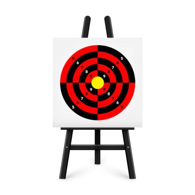 Ahşap sehpada atış poligonu. Kağıt hedef, bölümler, işaretler ve numaralar. Okçuluk, silah atışı ve eğitim, spor müsabakası, avcılık. Tam isabet ve nişan al. Vektör illüstrasyonu.