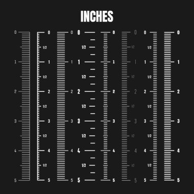 Boyunu ve boyunu ölçmek için dikey inç ölçeği. Bölünmüş farklı ölçeklerde. Cetvel, mezura işaretleri, boyut göstergeleri. Vektör illüstrasyonu.