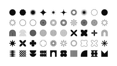 Acımasız geometrik şekiller, modern semboller. Basit ilkel elementler ve formlar. Retro tasarım, modern minimalist tarz, y2k. Vektör illüstrasyonu.