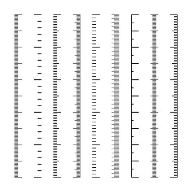 Dikey ölçekler ve bölünmeler. Uzunluğu, yüksekliği santimetre, milimetre ya da inç olarak ölçmek için gerçekçi ölçek. Cetvel, mezura işaretleri, boyut göstergeleri. Vektör illüstrasyonu.