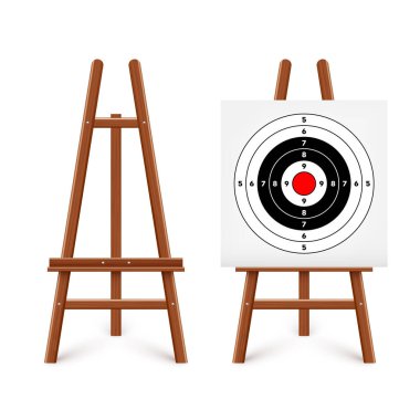 Ahşap sehpada atış poligonu. Kağıt hedef, bölümler, işaretler ve numaralar. Okçuluk, silah atışı ve eğitim, spor müsabakası, avcılık. Tam isabet ve nişan al. Vektör illüstrasyonu.