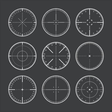 Derece ölçekli, optik dürbünlü çeşitli keskin nişancı tüfekleri. Avcı silahı dürbünü. Atış işareti, nişan al. Askeri hedef işareti. Oyun arayüzü UI ögesi. Vektör illüstrasyonu.