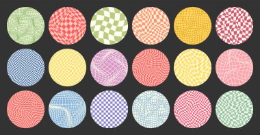 Dama desenli, yuvarlak renkli döşemeli. Klasik dalgalı eğimli arka plan, bozulma etkisi. Garip geometrik satranç tahtası dokusu, 90 'ların tarzında retro arka plan, y2k. Vektör illüstrasyonu.