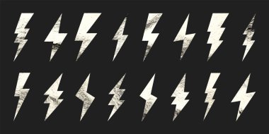 Gümüş yıldırım simgeleri koleksiyonu. Altın folyo dokusu. Flaş sembolü, yıldırım. Basit yıldırım çarpması işareti. Vektör illüstrasyonu.
