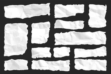 Yırtılmış kağıt şeritler. Yırtık kenarlı gerçekçi kağıt kırıntıları. Defter parçaları, kitap ya da eski gazete sayfaları. Son moda kolaj elementleri. Vektör illüstrasyonu.