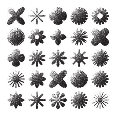 Acımasız geometrik şekiller, noktalı nesneler. Noktalama modern sembolleri belirler. Basit ilkel formlar. Retro tasarım, modern minimalist tarz, y2k. Nokta gölgeleme, çizim. Vektör illüstrasyonu.