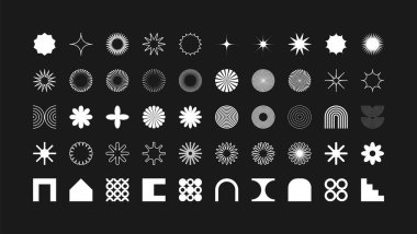 Acımasız geometrik şekiller, modern semboller. Basit ilkel elementler ve formlar. Retro tasarım, modern minimalist tarz, y2k. Vektör illüstrasyonu.