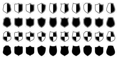 Çeşitli klasik kalkan simgeleri seti. Siyah hanedan kalkanları. Koruma ve güvenlik sembolü, etiket. Vektör illüstrasyonu