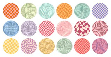 Dama desenli, yuvarlak renkli döşemeli. Klasik dalgalı eğimli arka plan, bozulma etkisi. Garip geometrik satranç tahtası dokusu, 90 'ların tarzında retro arka plan, y2k. Vektör illüstrasyonu.