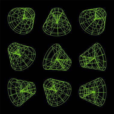 Kablo çerçeveli şekiller. Perspektif ağı, 3 boyutlu ızgara. Düşük polimetrik elementler. Retro gelecek tasarım elementleri, y2k, buhar dalgası ve sentetik dalga tarzı. Vektör illüstrasyonu.