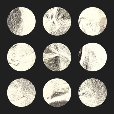 Gümüş folyo, parlak el yapımı daireler. Altın parıltılı doku, desen. Şatafatlı, parlak arka plan çizimi. Düğün, tebrik kartı dekorasyonu. Modern minimalist sanat. Vektör illüstrasyonu.