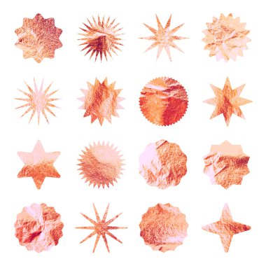 Gül sarısı yıldızlar, güneş patlaması sembolleri. Parlak altın folyo. Eski günışığı sembolleri. Alışveriş etiketleri, satış etiketleri, kalite notları. Modern sanat. Düğün, tebrik kartı dekorasyonu. Vektör illüstrasyonu.