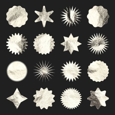 Gümüş yıldızlar, güneş patlaması sembolleri. Parlak altın folyo. Eski günışığı sembolleri. Alışveriş etiketleri, indirim ya da indirim etiketleri, kalite notları. Özel fiyat etiketi, terfi rozeti. Vektör illüstrasyonu.