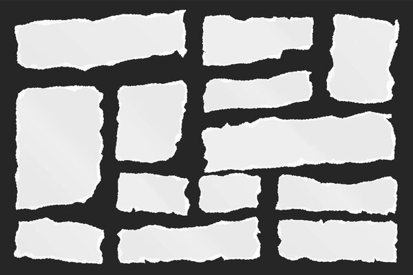 Ripped paper strips. Realistic crumpled paper scraps with torn edges. Shreds of notebook, book or old newspaper pages. Trendy collage elements. Vector illustration.