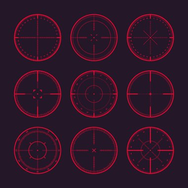 Derece ölçekli, optik dürbünlü çeşitli keskin nişancı tüfekleri. Avcı silahı dürbünü. Atış işareti, nişan al. Askeri hedef işareti. Oyun arayüzü UI ögesi. Vektör illüstrasyonu.