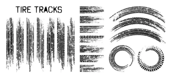 Grunge lastik izleri, tekerlek fren izleri. Kamyon, araba ya da motosiklet lastiği siluetleri. Araba yarışı, motor sporu, hız yarışı tasarım unsuru. Vektör illüstrasyonu.