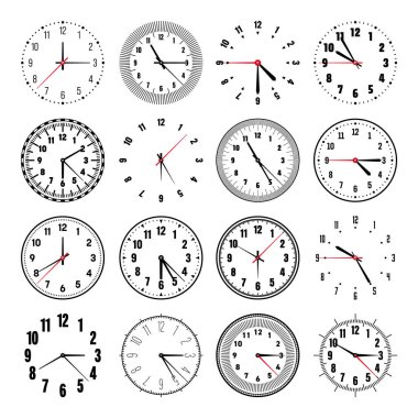 Ellerle mekanik saat yüzleri, bezel. Dakika, saat işaretleri, numaralar ve Arapça rakamlarla ara. Zamanlayıcı ya da kronometre elemanı. Daire ölçeğini bölümlerle ölçüyorum. Vektör illüstrasyonu.