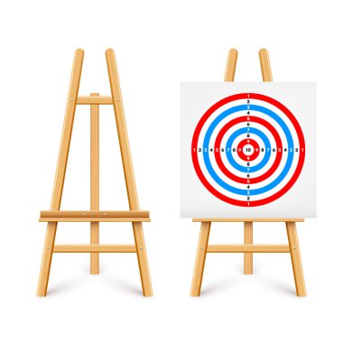 Ahşap sehpada atış poligonu. Kağıt hedef, bölümler, işaretler ve numaralar. Okçuluk, silah atışı ve eğitim, spor müsabakası, avcılık. Tam isabet ve nişan al. Vektör illüstrasyonu.