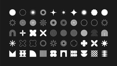 Acımasız geometrik şekiller, modern semboller. Basit ilkel elementler ve formlar. Retro tasarım, modern minimalist tarz, y2k. Vektör illüstrasyonu.