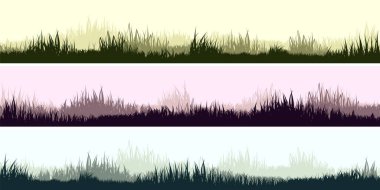 Otlu çayır siluetleri, ovadaki bitkiler. Panoramik yaz çimleri, otlar, çeşitli otlar. Bitki sınırı, çerçeve. Doğa geçmişi. Yeşil yatay pankart. Vektör illüstrasyonu.